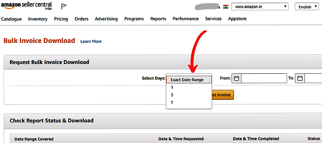How to Download Tax Invoice from Amazon Step 3a - Select Days