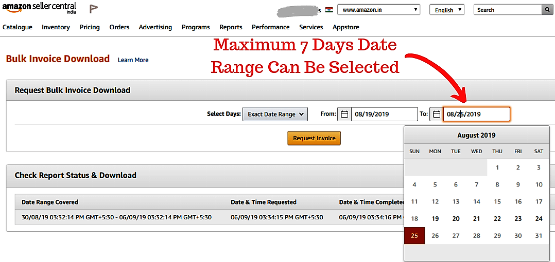 How to Download Tax Invoice from Amazon Step 3b - Calendar Date-Picker