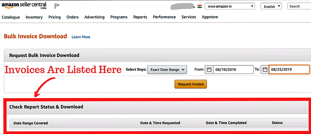 How to Download Tax Invoice from Amazon Step 5 - Report Status and Download