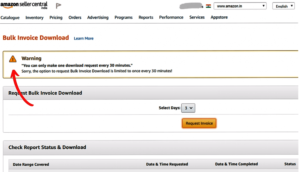 warning - Frequent Bulk Invoice Download Request