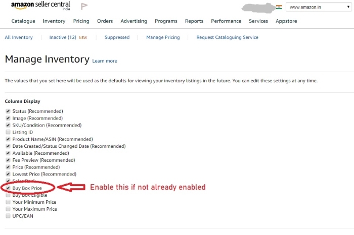How to enable Amazon Buy Box Price Column - Manage Inventory Preferences