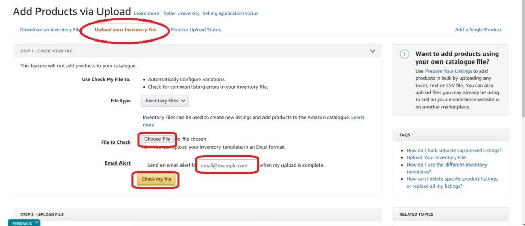 Step 12 - Upload File to bulk edit amazon listing - check template file