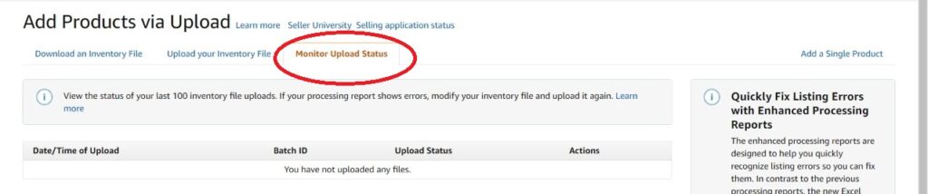 Step 14 - check upload status of amazon product listings