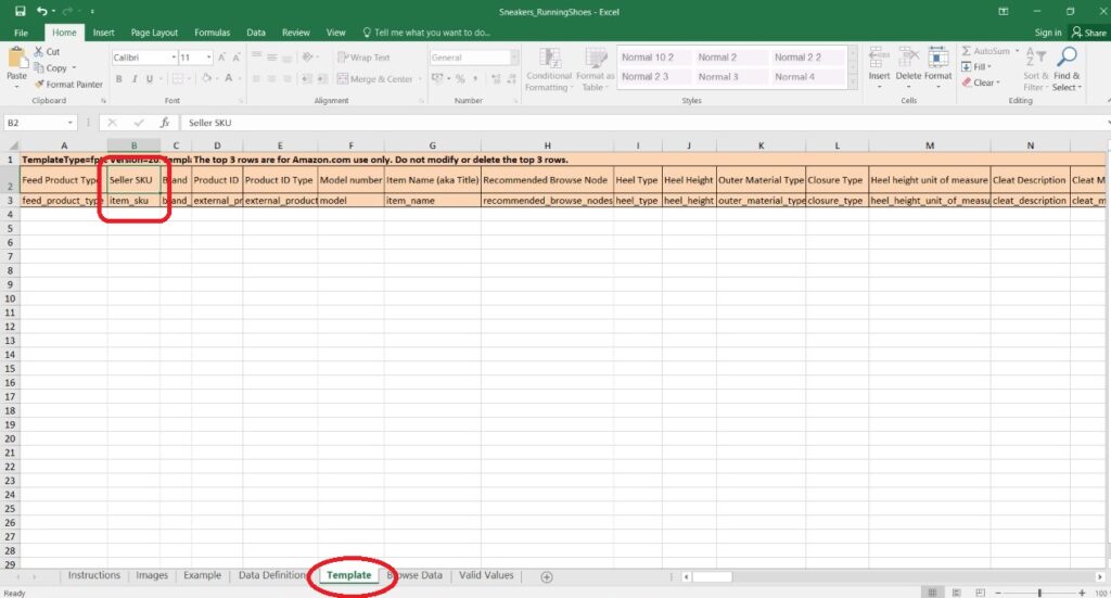 Step 8 - product listing template file - enter SKU